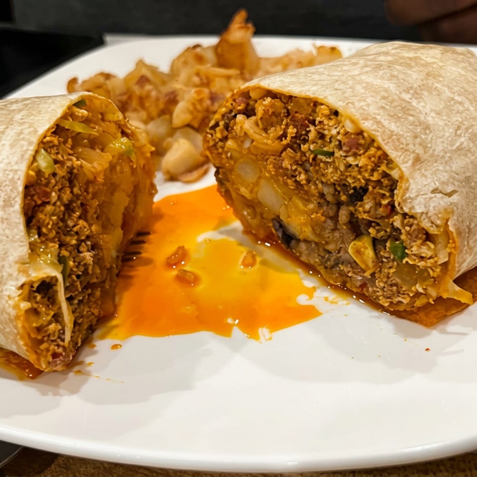 A burrito cut in half reveals seasoned rice, beans, meat, and cheese on a white plate with orange sauce and tortilla chips.
