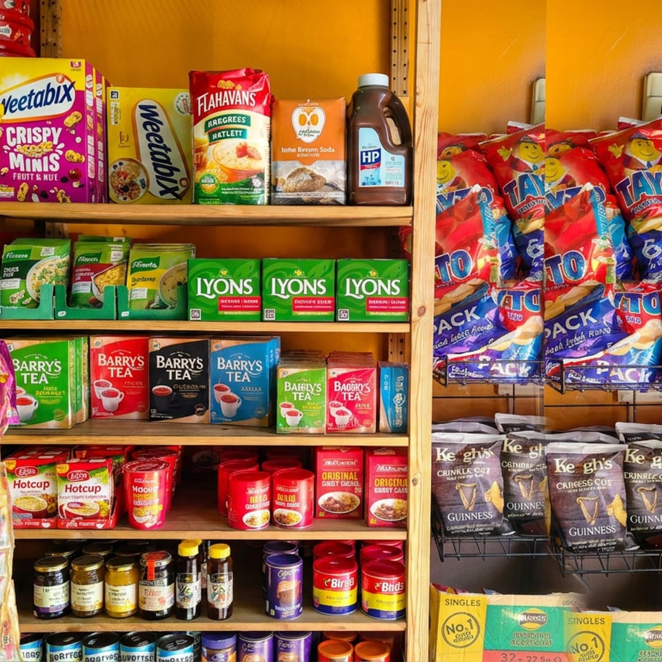 Grocery shelves display cereals, tea, sauces, snacks, crisps, biscuits, and Guinness products in a warmly lit shop.