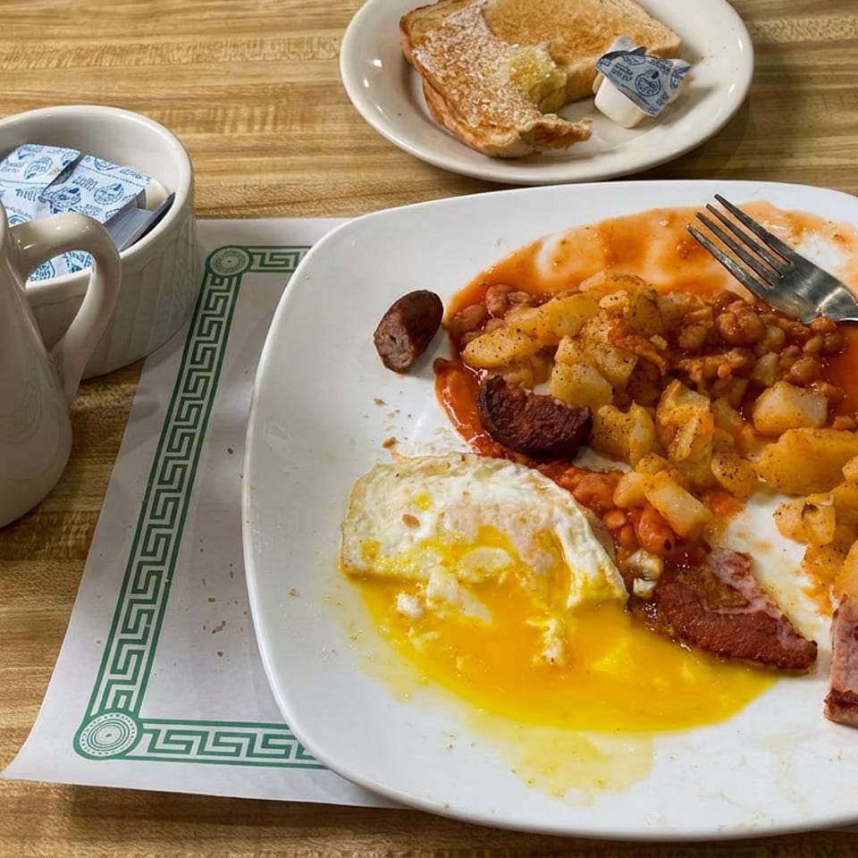 Diner breakfast plate with fried egg, hash browns, bacon, sausage, beans, toast, and coffee on a wooden table.