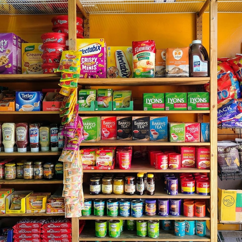 Shelves stocked with British and Irish groceries, including Weetabix cereal, tea, condiments, canned foods, snacks, and multipack drinks.