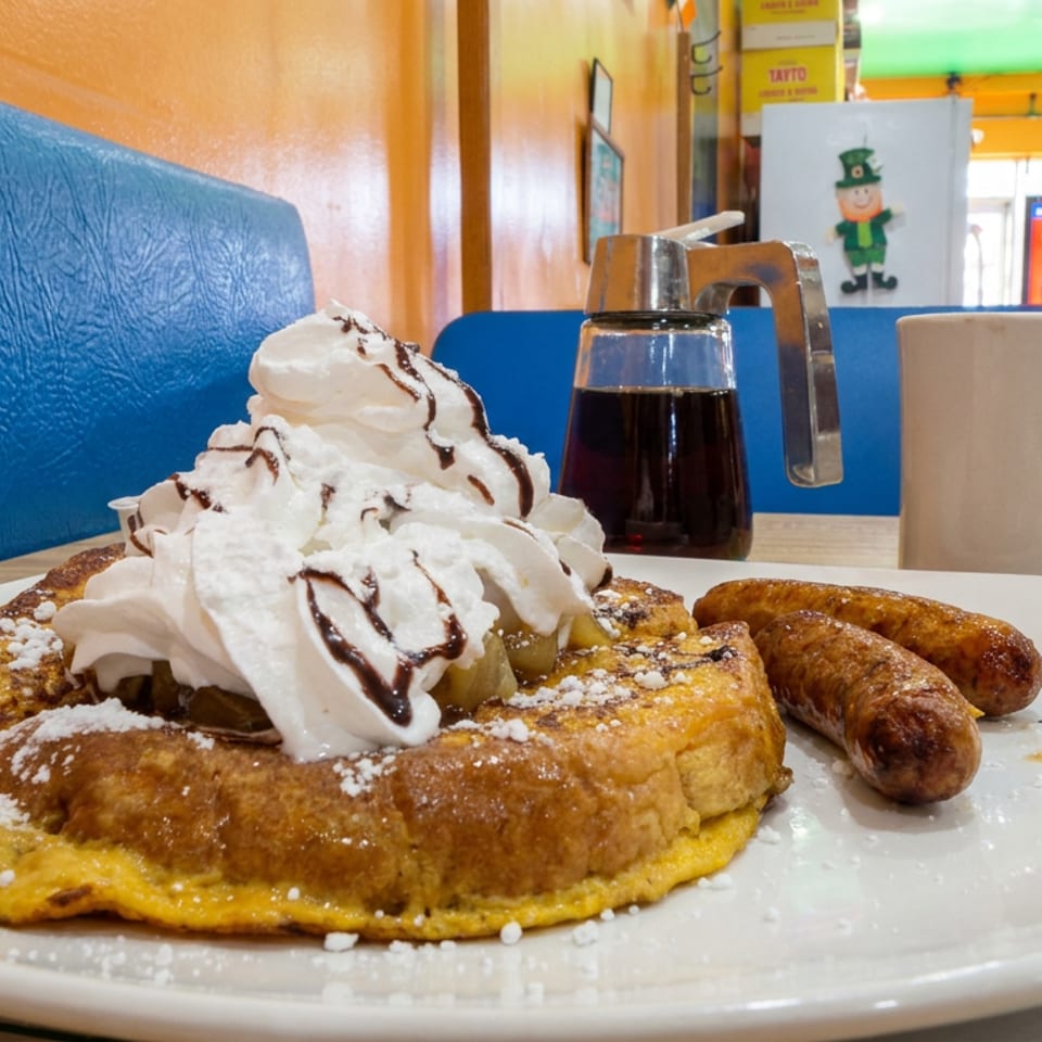 French toast topped with whipped cream and chocolate drizzle, served with powdered sugar, sausage links, and syrup in a colorful diner.