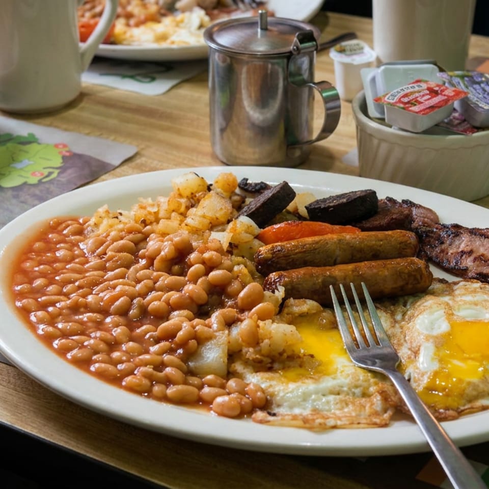 Full English breakfast with baked beans, fried eggs, sausages, bacon, mushrooms, tomatoes, and hash browns on a plate.