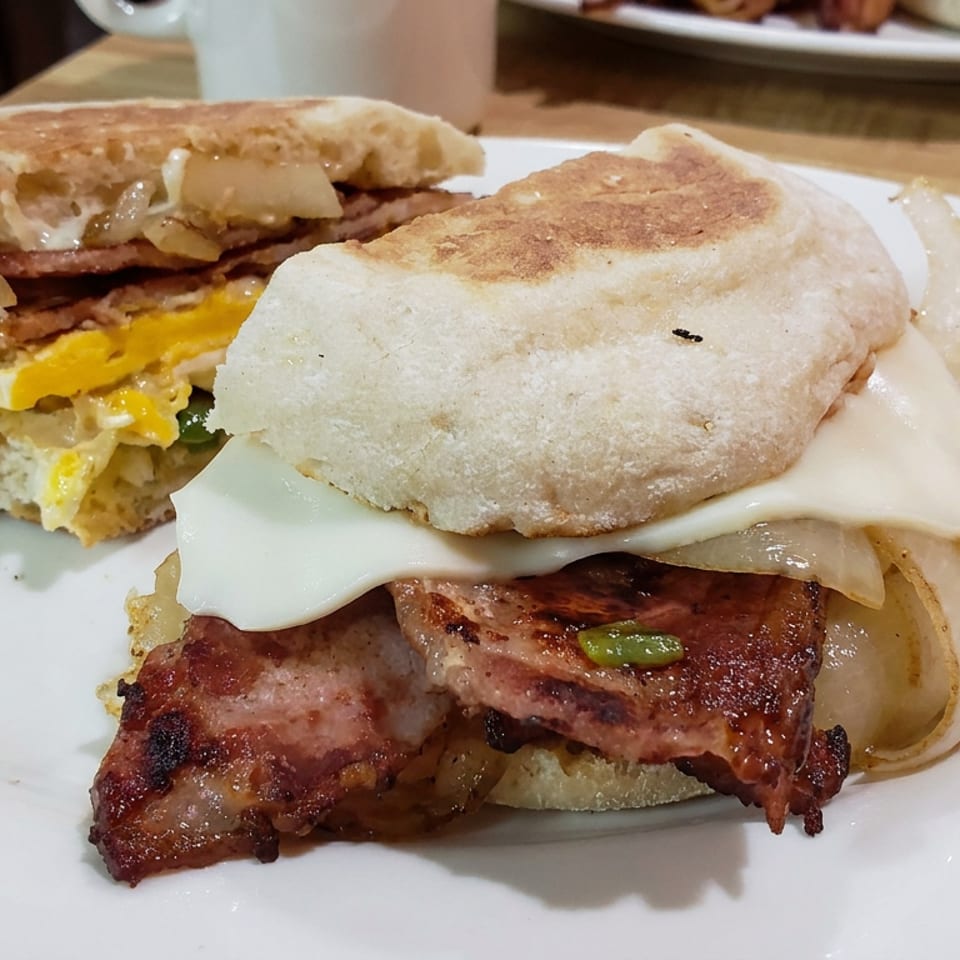 Two toasted breakfast sandwiches with bacon, eggs, melted cheese, and onions sit on a white plate.