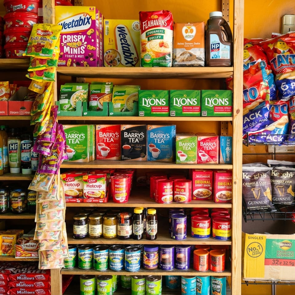 Shelves stocked with British and Irish groceries, including cereals, tea, sauces, snacks, bottled drinks, Guinness, and Tayto crisps.