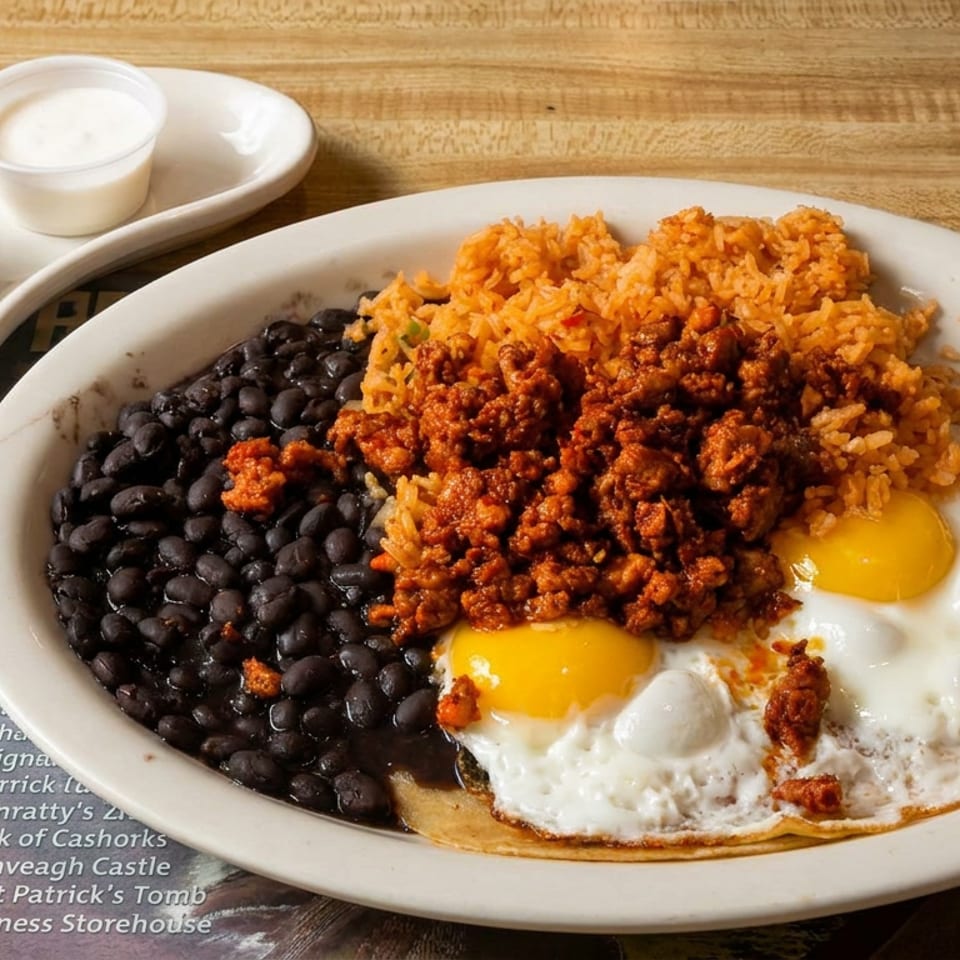 Plate of Mexican-style breakfast with black beans, orange rice, chorizo, two fried eggs, and salsa with cream sauces.