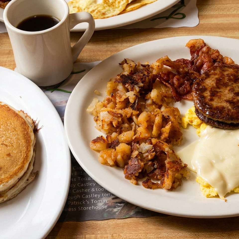 Diner breakfast spread with pancakes, eggs Benedict, sausage, home fries, coffee, and another plate on a wooden table.