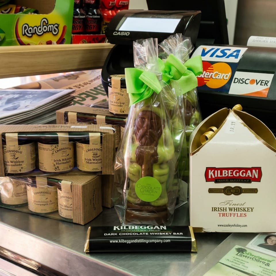 Shop counter displaying Irish whiskey truffles, chocolate bars, marmalade gift sets, sweets, newspapers, and a card payment terminal.