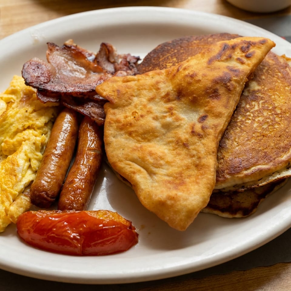 Breakfast plate with scrambled eggs, sausages, bacon, grilled tomato, pancakes, and a folded golden pastry on an Italian-themed napkin.