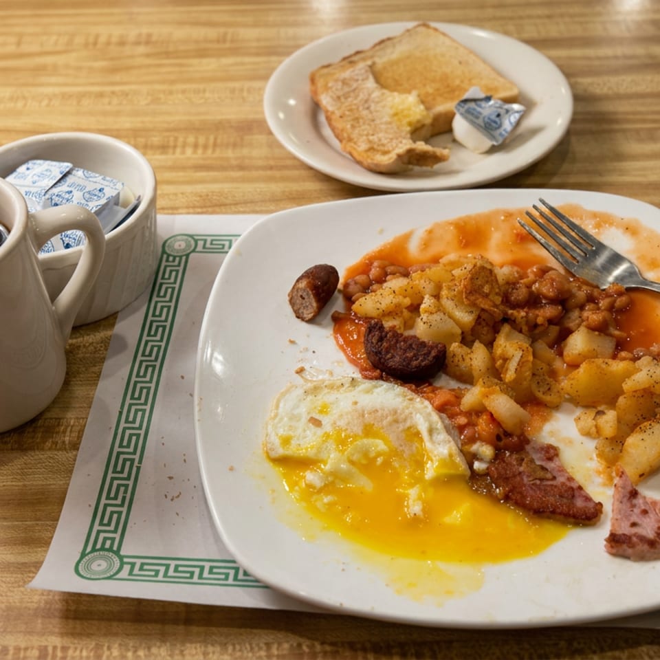 Partially eaten diner breakfast with fried egg, potatoes, beans, sausage, toast, butter, and coffee on a wooden table.