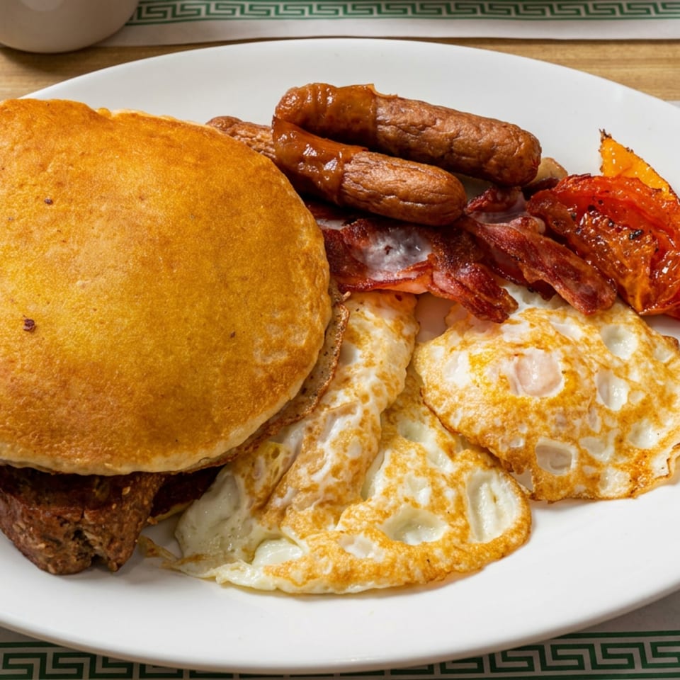 Breakfast platter with a large sandwich, fried eggs, bacon, sausages, and grilled tomato on a white plate.