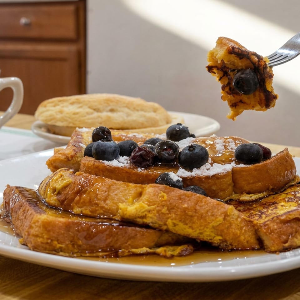 Plate of syrup-drizzled French toast topped with blueberries and powdered sugar, with a fork lifting a bite beside coffee.